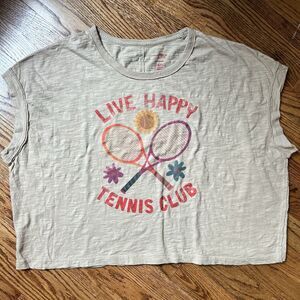 Natural Life Cropped Women's T-Shirt Large Live Happy Tennis Club Raw Seams EUC